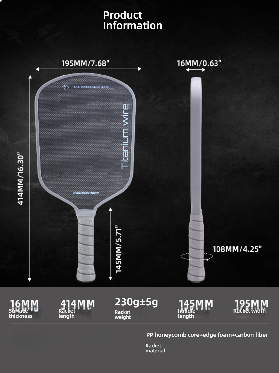  Grey Xephira honeycomb core paddle with $195\text{mm}$ width and $16\text{mm}$ thickness. Ideal for players wondering which pickleball paddle is best for me, featuring a PP honeycomb core for control.
