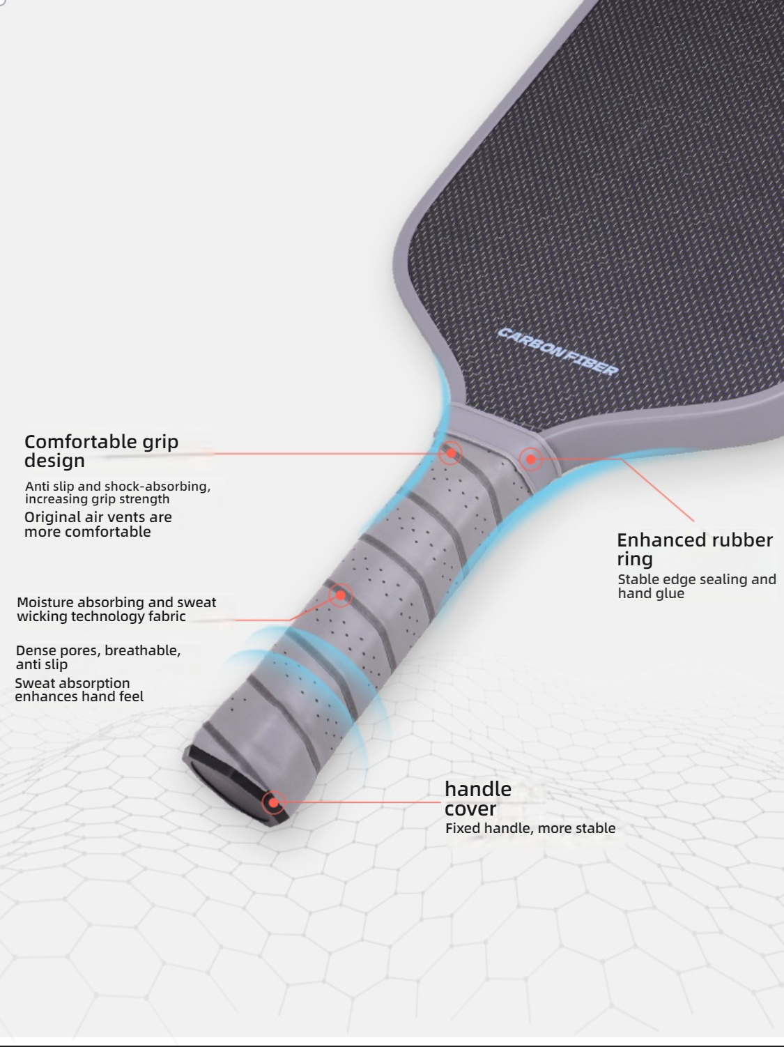Detail of Xephira paddle grip with PU porous sweat-wicking tape. Perfect for learning how to hold a pickleball paddle, showcasing the comfort sought in what is a good pickleball paddle for beginners.