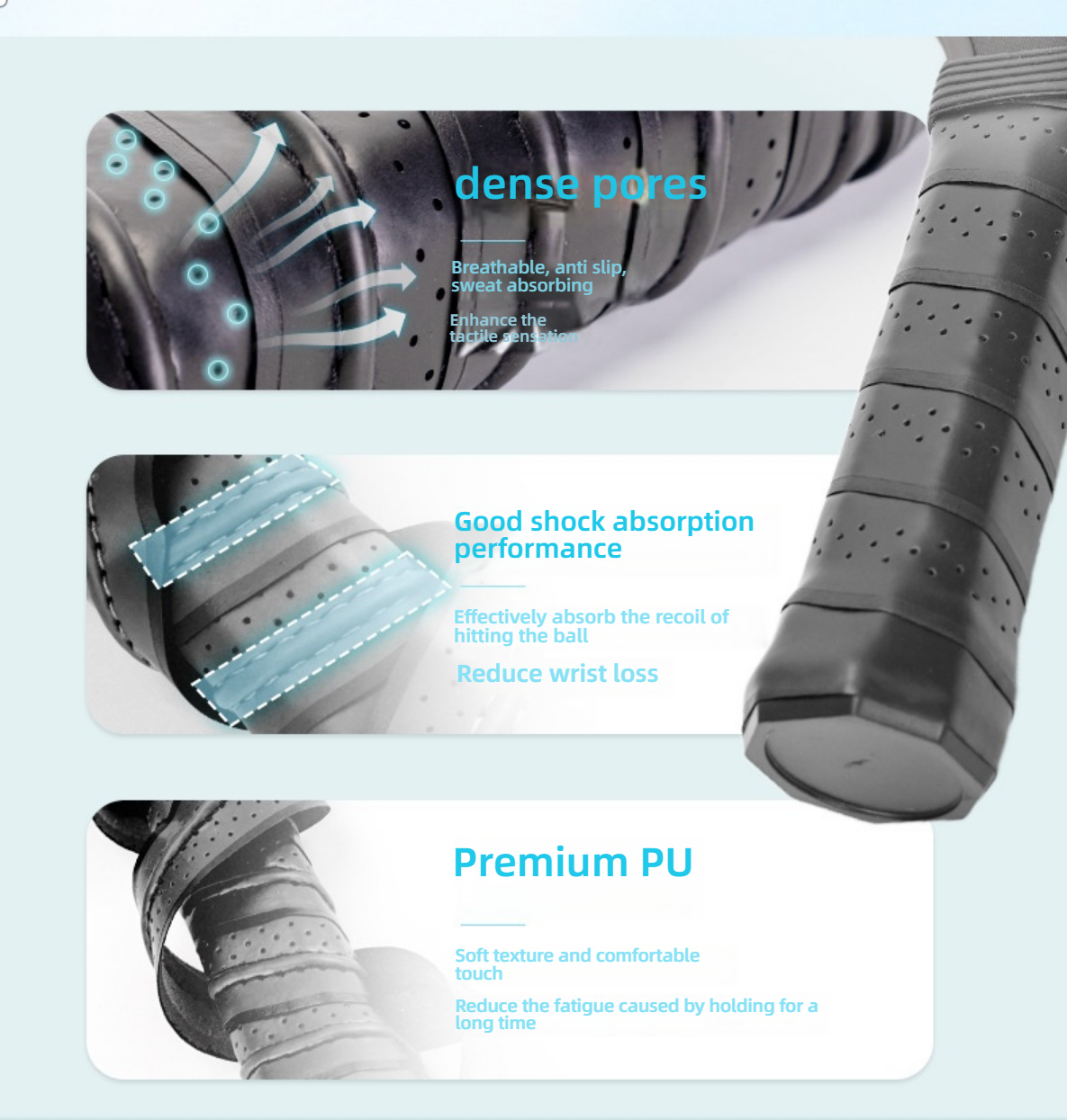 Premium PU anti-slip grip detail, illustrating how to hold a pickleball paddle effectively to absorb shock and reduce fatigue.