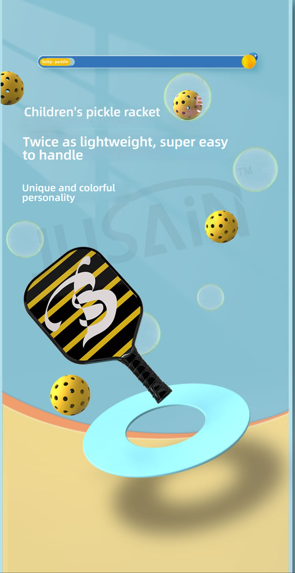 A promotional image for a children's pickleball paddle with a yellow stripes "S" pattern, emphasizing that it is "Twice as lightweight, super easy to handle," with a unique and colorful personality. It is a lightweight, easy-to-use beginner paddle for children. what is a good pickleball paddle for beginners | where to buy a pickleball paddle | what is a good pickleball paddle