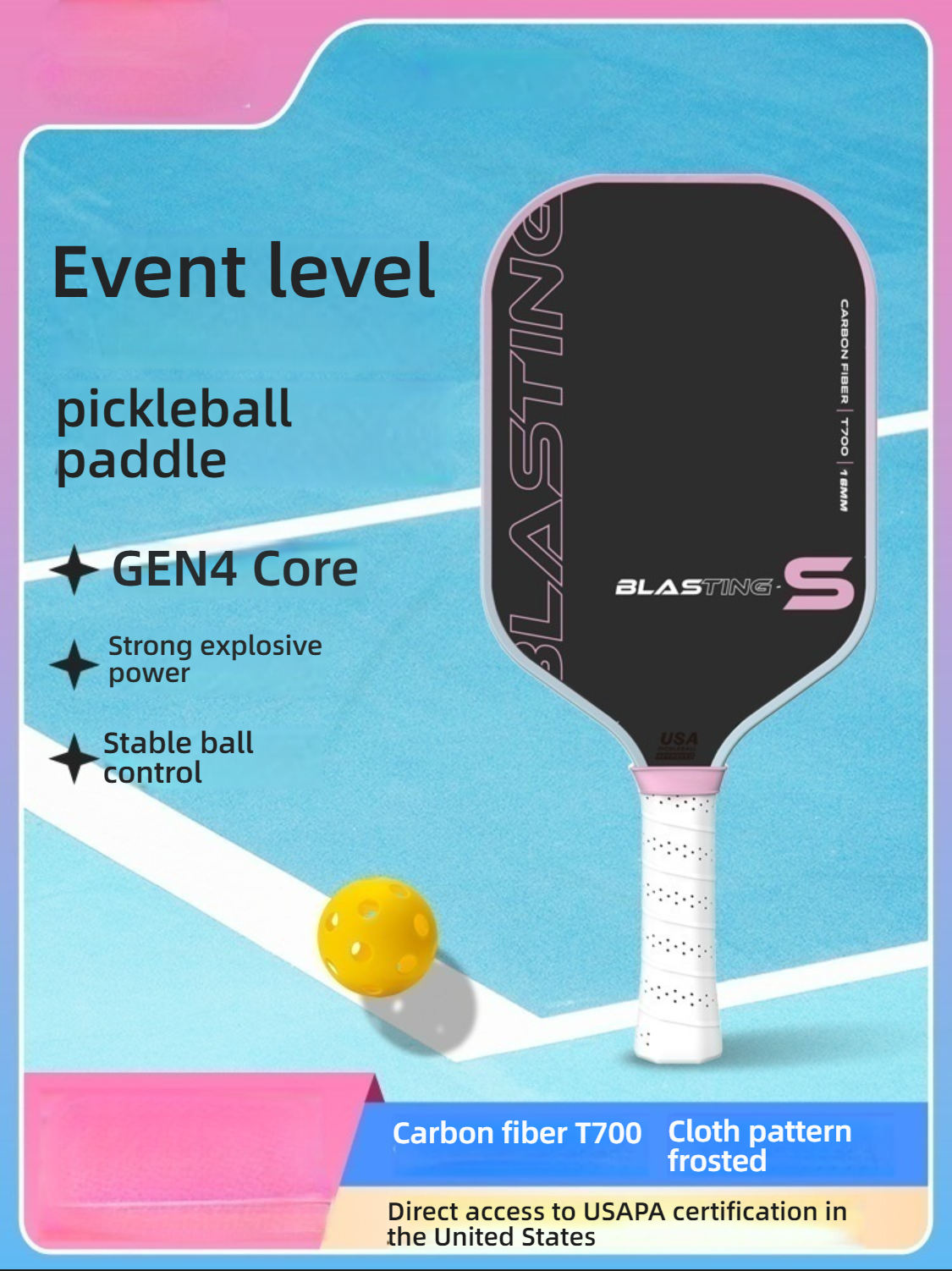Xephira professional pink pickleball paddle with GEN4 core and T700 carbon fiber. If you are looking for what is the best paddle for pickleball, this model offers explosive power and stable control. Perfect for those asking what makes a pickleball paddle good, featuring USAPA standard compliance.