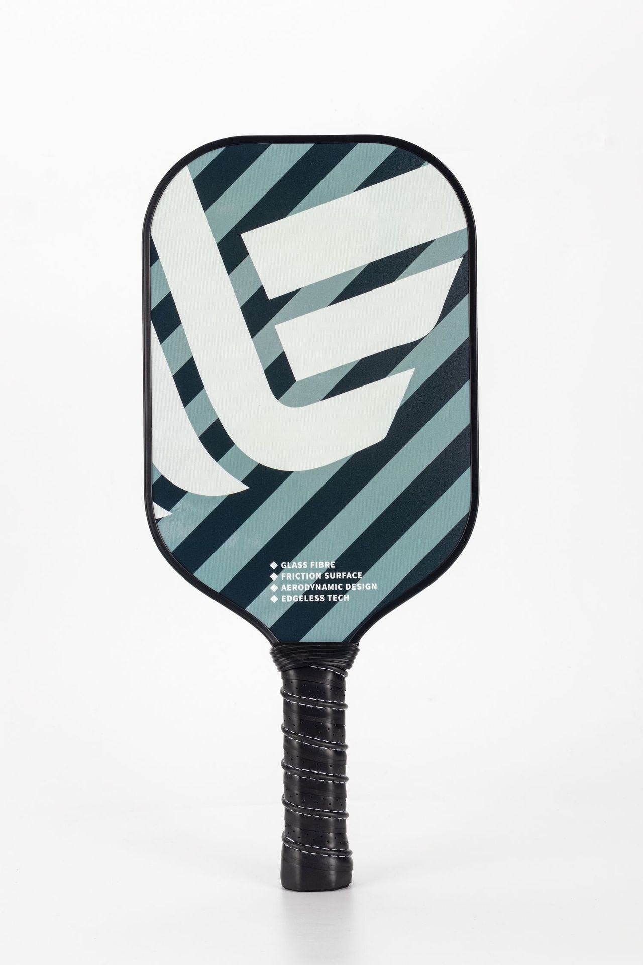 A close-up front view of a dark, modern geometric pattern pickleball paddle with a black leather-wrapped handle. The paddle face mentions GLASS FIBRE and FRICTION SURFACE, highlighting the EDGELESS TECH. Core keywords: what is a good pickleball paddle for beginners, fiberglass, beginner, edgeless design.
