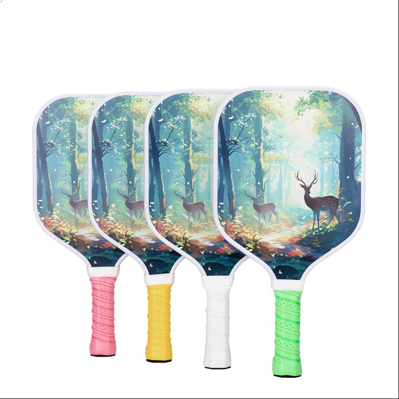 Four pickleball paddles with the deer and forest illustration displayed side-by-side, primarily differing in grip color: pink, yellow, white, and green. This is a pickleball paddle suitable for children or beginners, offering a variety of colors to choose from. where can i buy pickleball paddles | what are good pickleball paddles