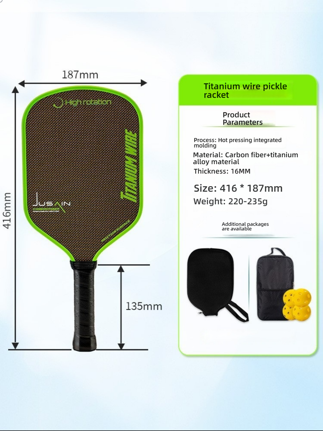 Dimensional drawing of the Xephira elongated paddle with carry bag, perfect for those wondering where can i buy pickleball paddles with complete accessories.