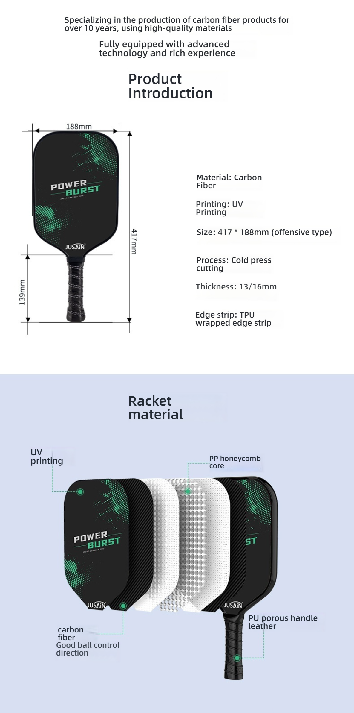 Xephira Power Burst Pickleball Paddle product introduction and material exploded view. Material is Carbon Fiber with a PP honeycomb core and UV printing process. Thickness is 13/16mm, with a TPU wrapped edge strip. Highlights that carbon fiber provides good ball control direction. Suitable for intermediate players looking for what is a good pickleball paddle.