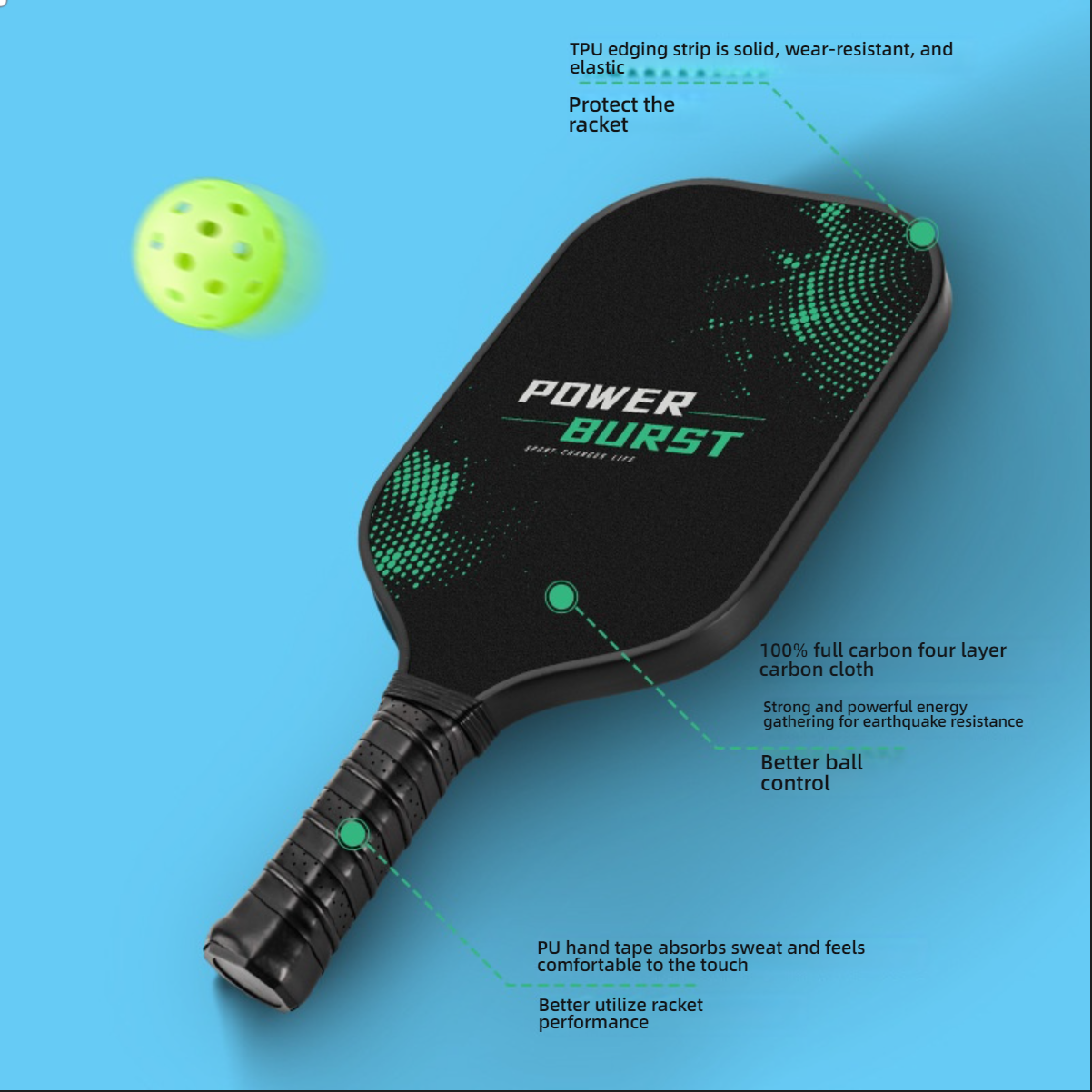 Close-up view of the Xephira Power Burst Pickleball Paddle, highlighting its durability, control, and comfort. Features 100% full carbon four-layer carbon cloth for strong and powerful energy gathering and earthquake resistance, enabling better ball control. The TPU edging strip is solid, wear-resistant, and elastic, protecting the racket. The PU hand tape absorbs sweat and is comfortable to the touch. what are good pickleball paddles
