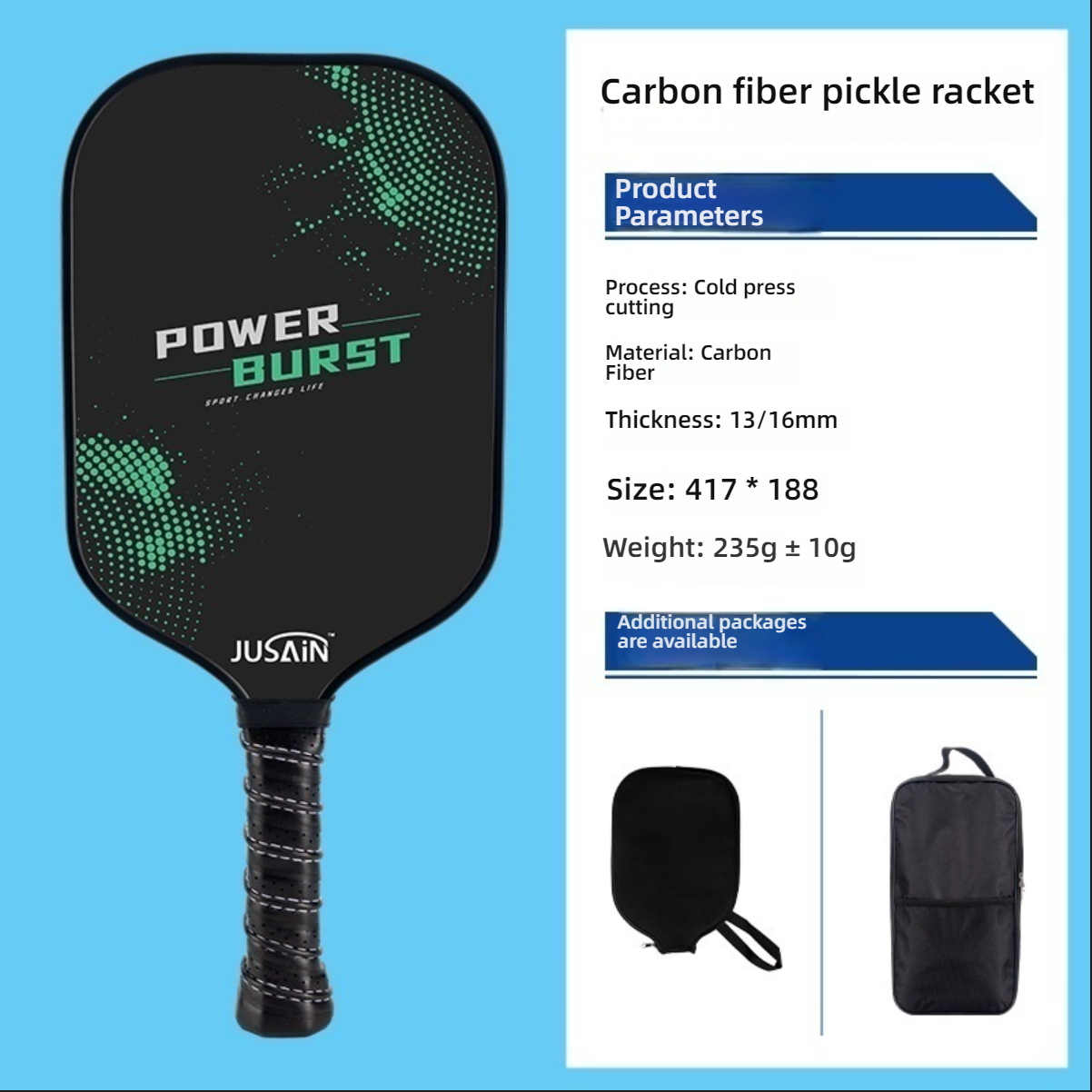 Xephira Power Burst Carbon Fiber Pickleball Paddle product parameter card, re-stating main specs: Process is Cold press cutting, Material Carbon Fiber, Thickness 13/16mm, Size 417*188mm, Weight 235g±10g. The image shows available additional packages, including a paddle cover and a backpack. which pickleball paddle to buy