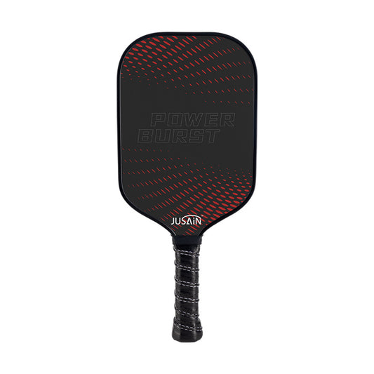 Xephira Power Burst (JSTG-218) Pickleball Paddle SKU image, black and red design theme, front view of the paddle face with POWER BURST lettering and red dot matrix graphics, and black PU grip. Highlights its carbon fiber material, offering excellent better ball control. where to get pickleball paddles
