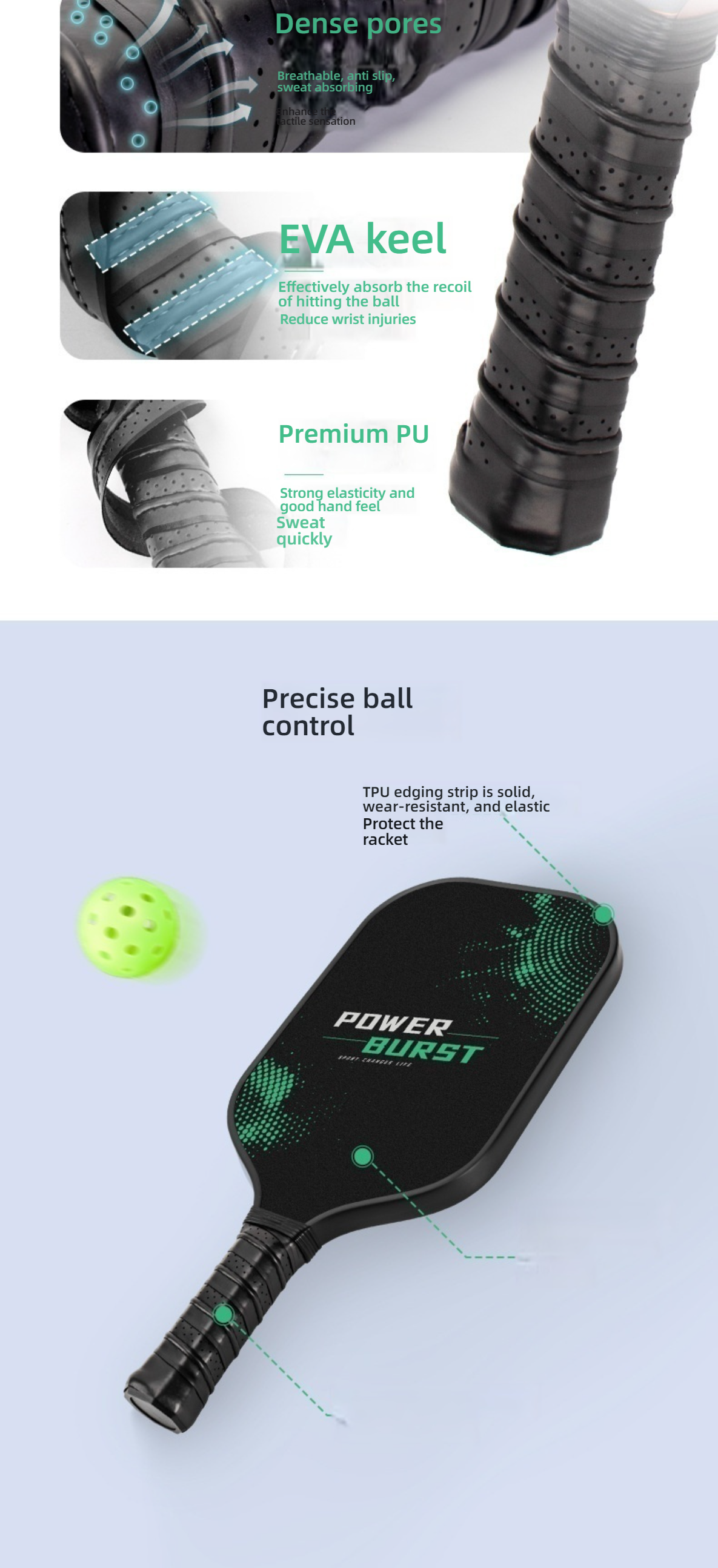 Detail view of the Xephira Power Burst Pickleball Paddle handle and edge strip. The handle uses Premium PU material with Dense pores for breathable and anti-slip grip. It includes an EVA keel inside, which effectively absorbs the recoil of hitting the ball, reducing wrist injuries. The TPU edging strip is solid, wear-resistant and elastic, providing Precise ball control. where can i buy pickleball paddles