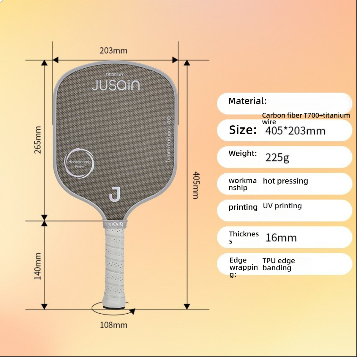 Standard $405 \times 203\text{mm}$ white Xephira T700 carbon fiber paddle. For those searching where to buy a pickleball paddle, it offers a lightweight $225\text{g}$ design and durable titanium wire surface.