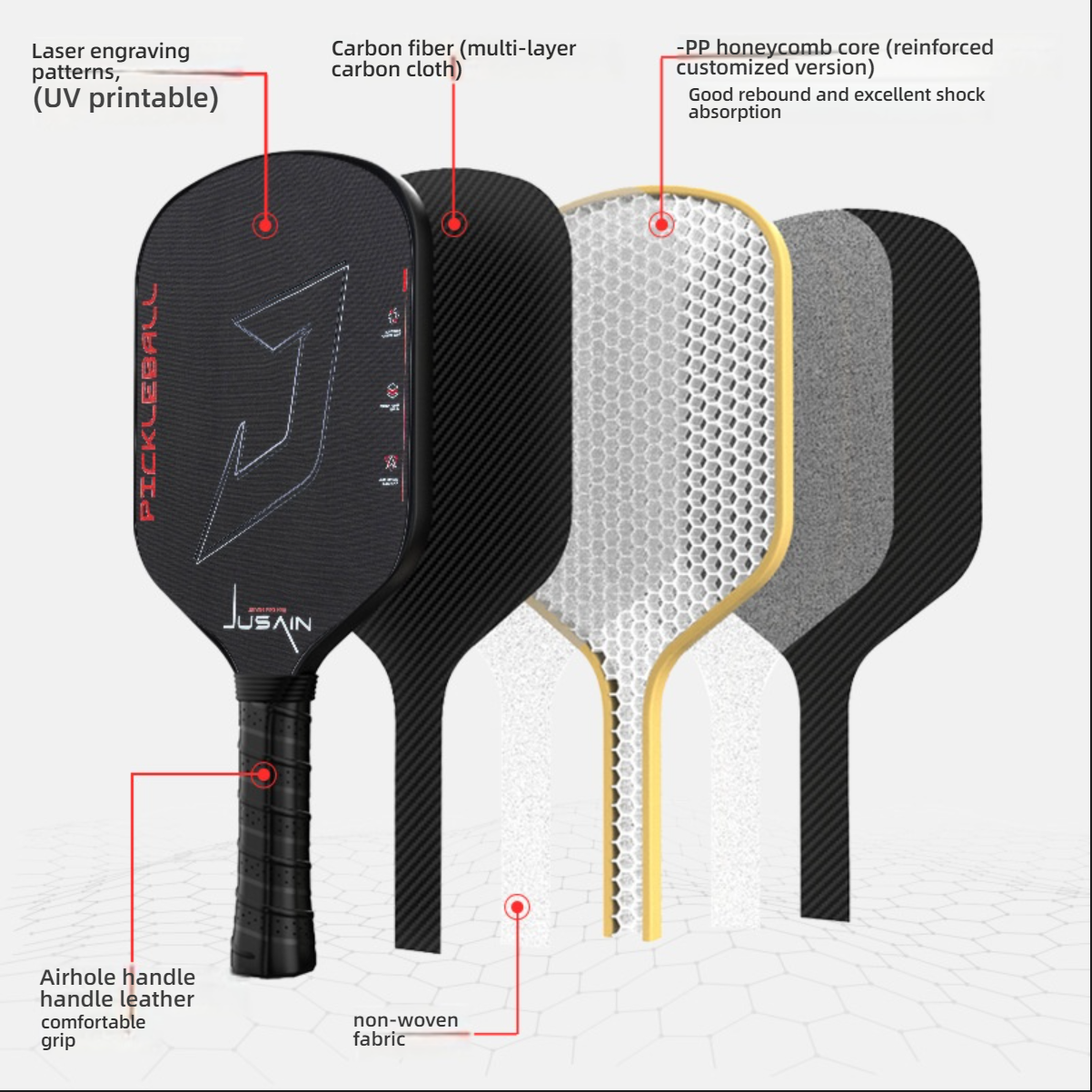 Exploded view of paddle structure including PP honeycomb core and multi-layer carbon cloth, showcasing what is a good pickleball paddle.