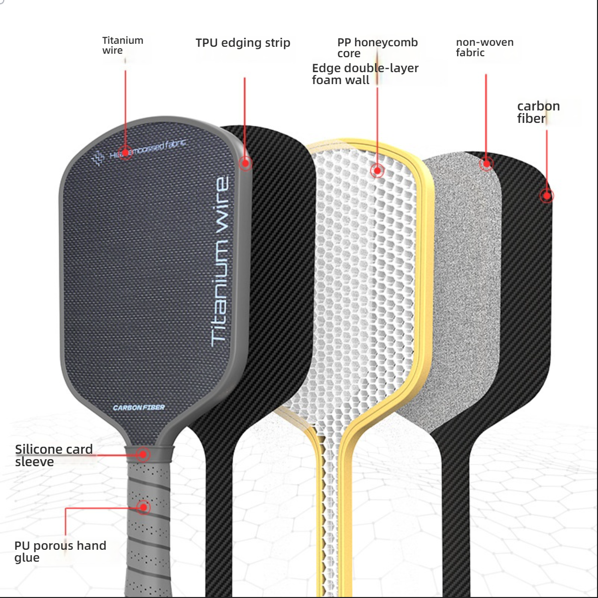 Internal structure diagram showing what material is best for pickleball paddles, including titanium wire, TPU edging, and carbon fiber layers. Explains what makes a pickleball paddle good through high-tech layering.