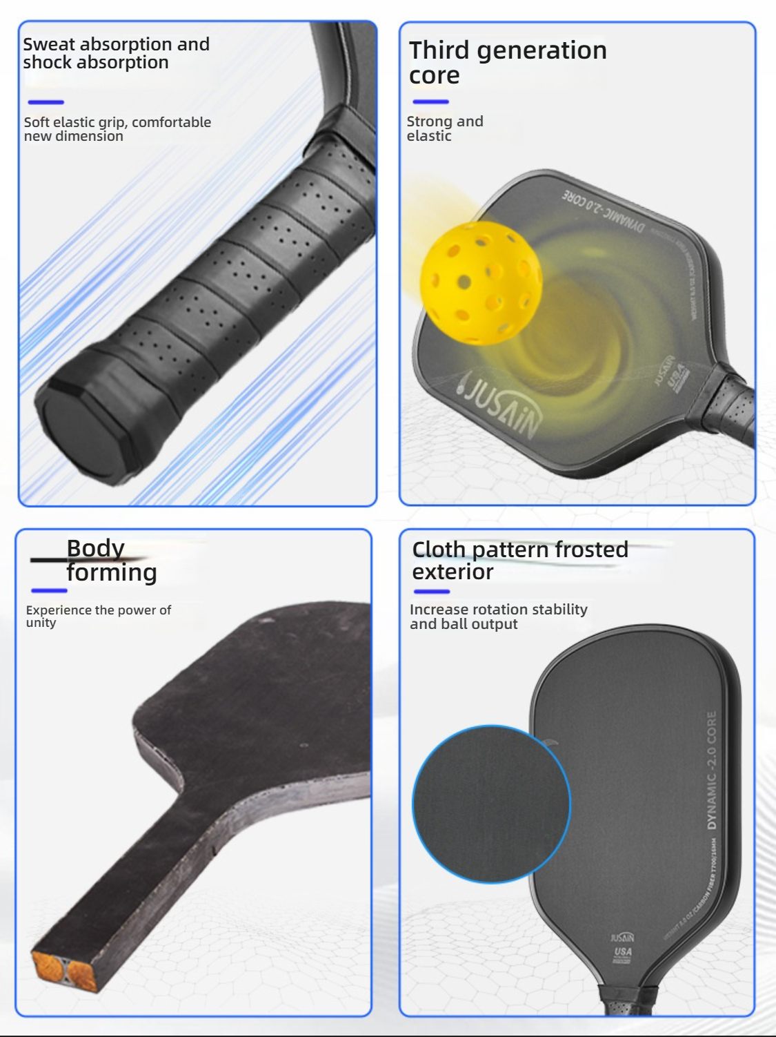 Details of Xephira paddle showing how to hold a pickleball paddle with an ergonomic grip. What makes a pickleball paddle good? Our frosted exterior for spin.