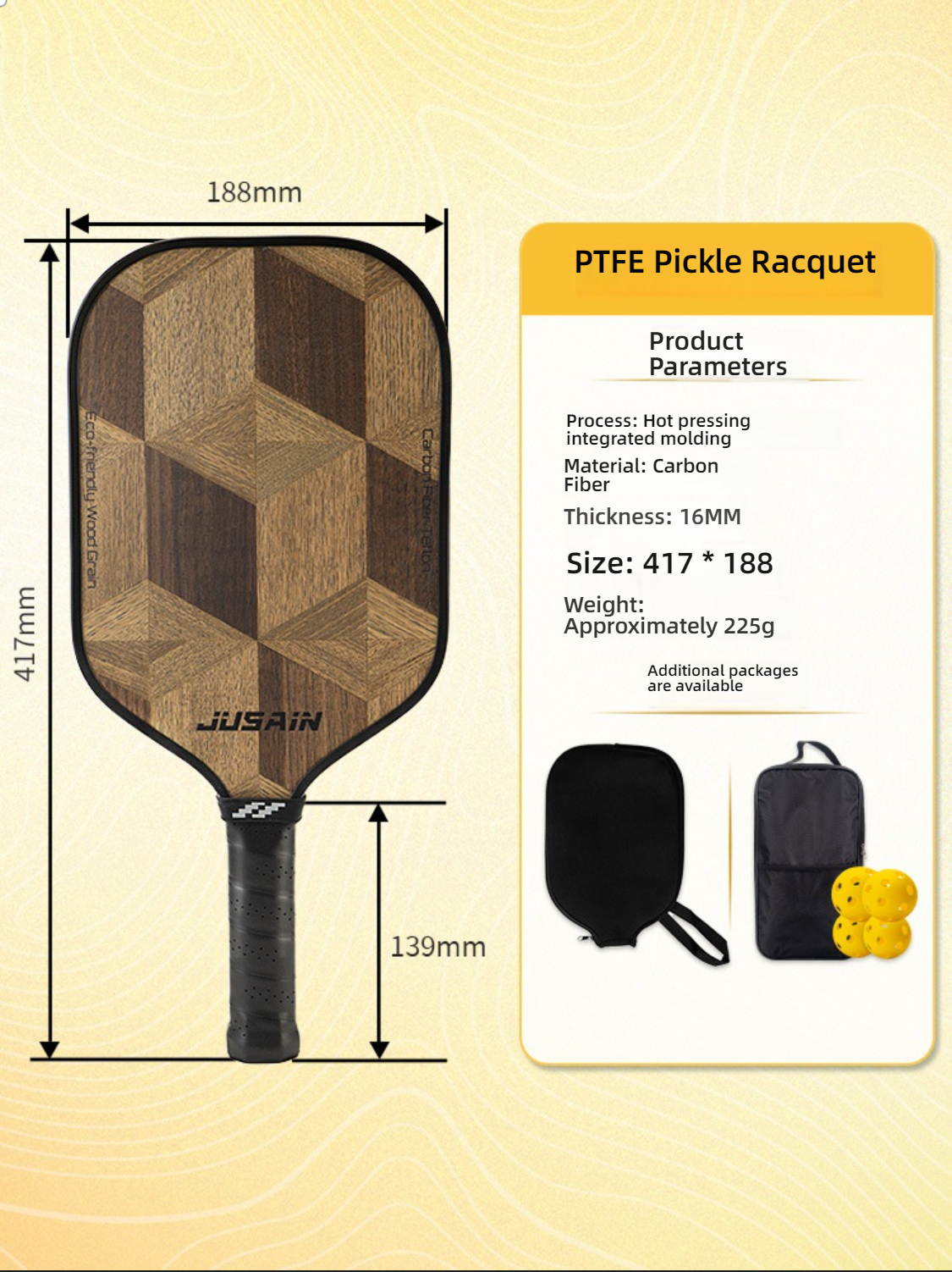 Technical specifications of the Xephira carbon fiber paddle (417188mm, 225g). Discover what is a good pickleball paddle with 16mm thickness for ultimate control.