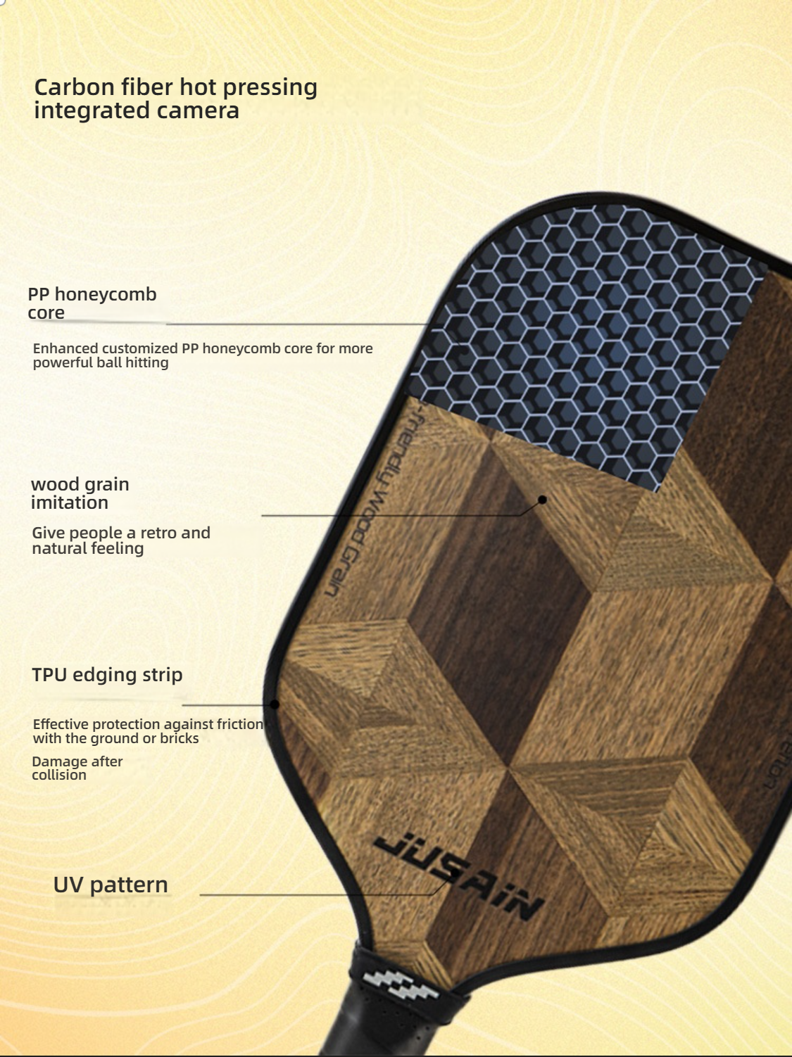 Interior structure showing PP honeycomb core and TPU edging. What material is best for pickleball paddles? This hot-pressed carbon fiber build is a top choice.