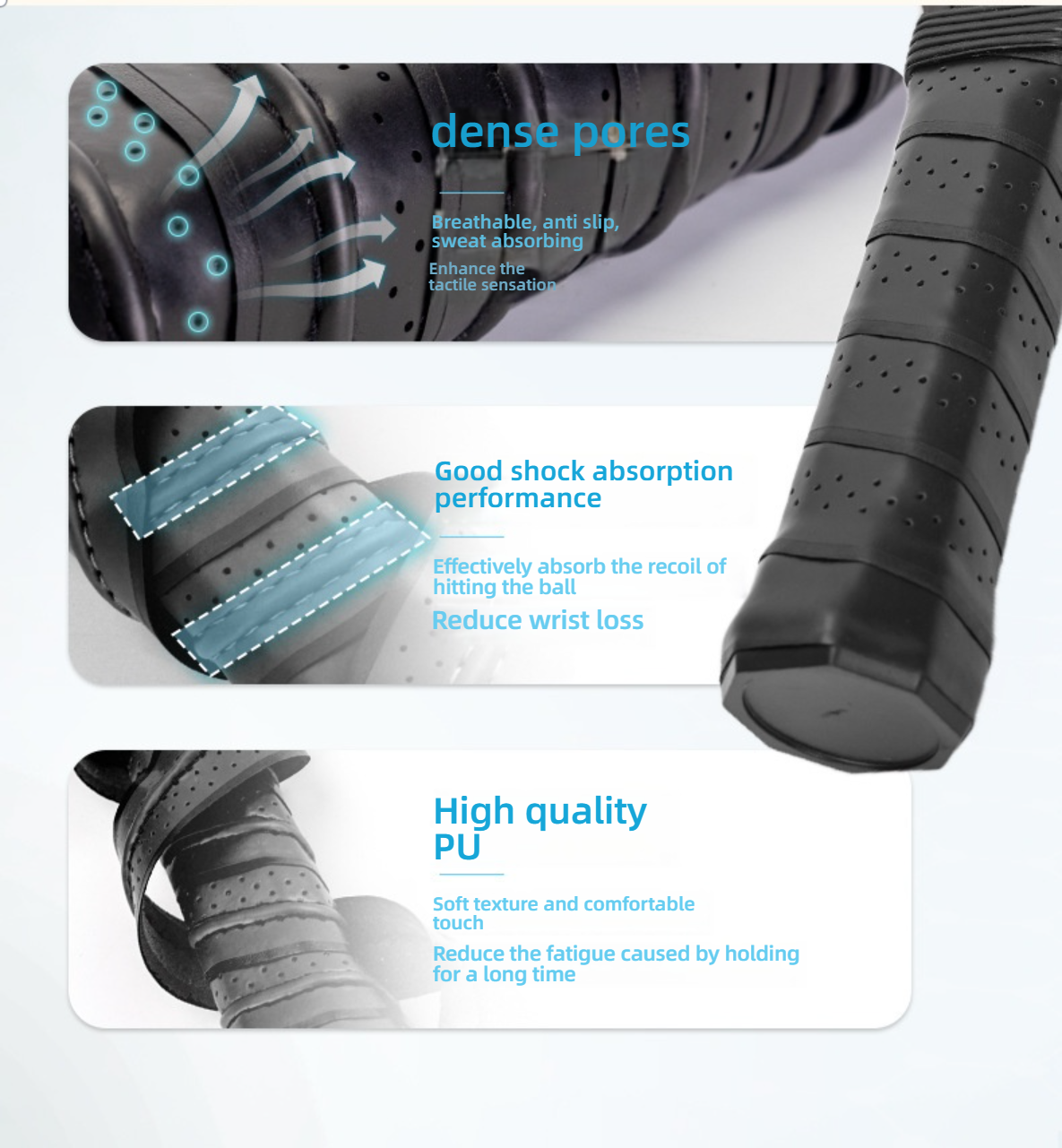 Close-up of the breathable PU grip. Learn how to hold a pickleball paddle correctly with this shock-absorbing, anti-slip handle.