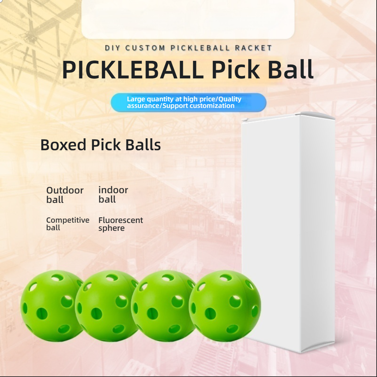 Promotional image showing boxed green pickle balls (Outdoor, Indoor, Competitive, Fluorescent sphere).