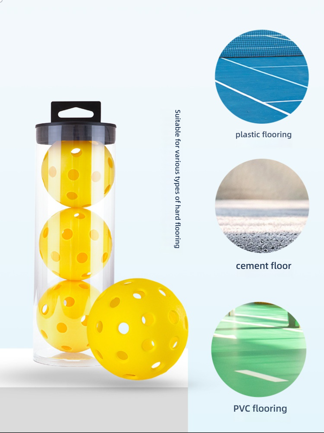 Xephira 40-hole outdoor pickleballs suitable for various hard flooring: plastic, cement floor, and PVC flooring. Where to buy pickleball paddles and balls for outdoor courts.