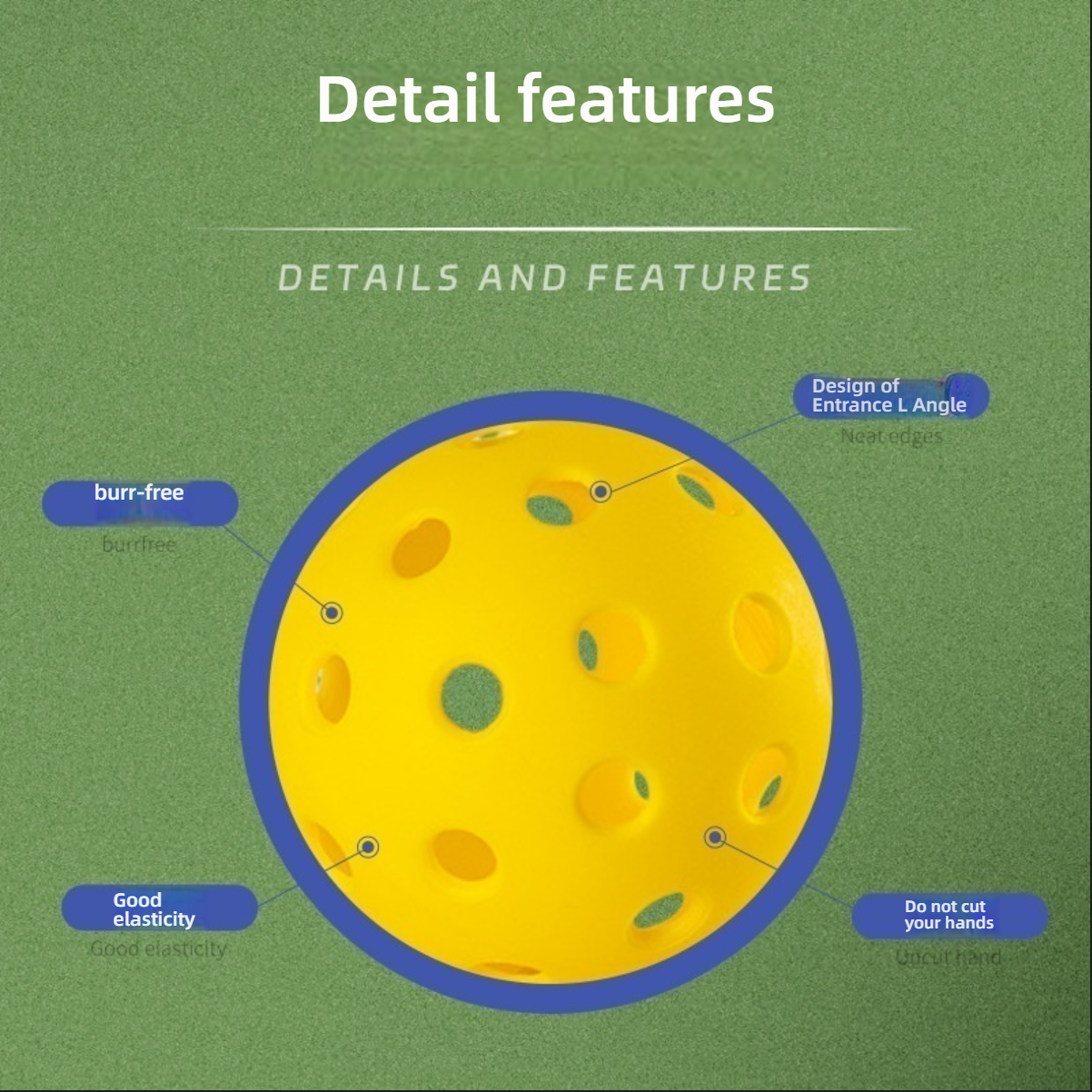 Close-up detail of a yellow pickleball showing burr-free, good elasticity, neat edges, and "do not cut your hands" features.
