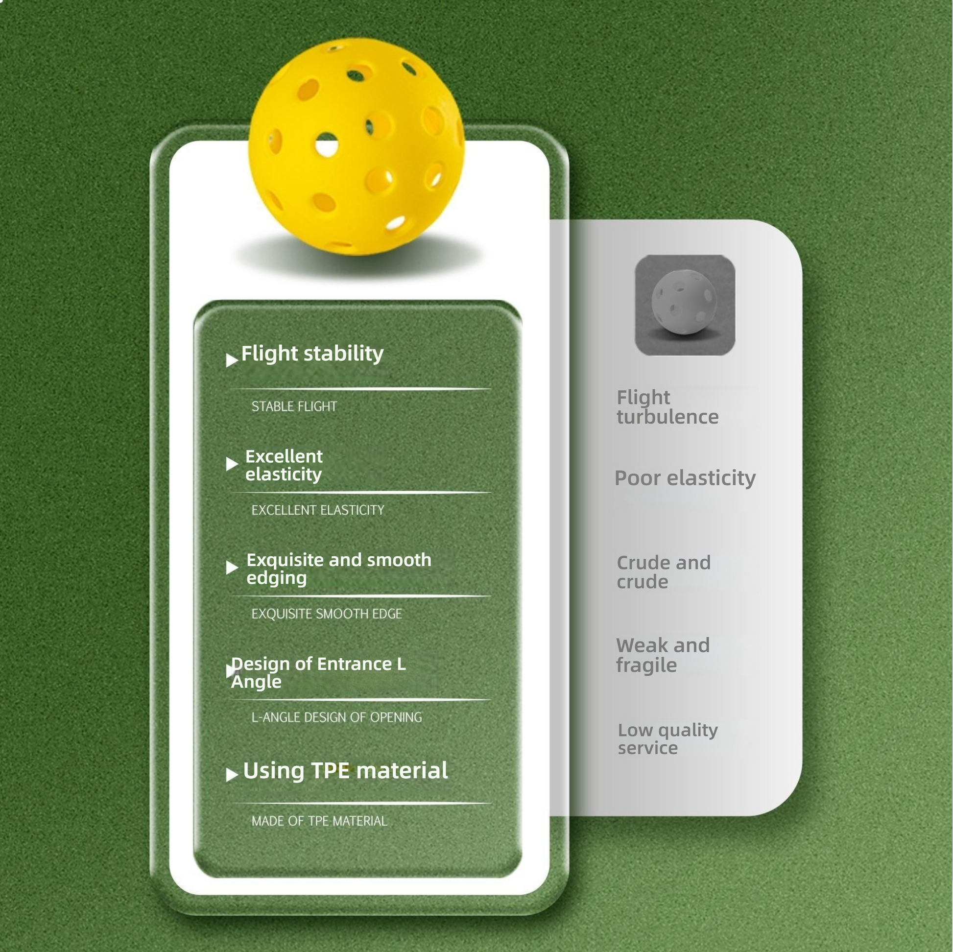 Mobile-style graphic highlighting TPE material, flight stability, excellent elasticity, and smooth edging.