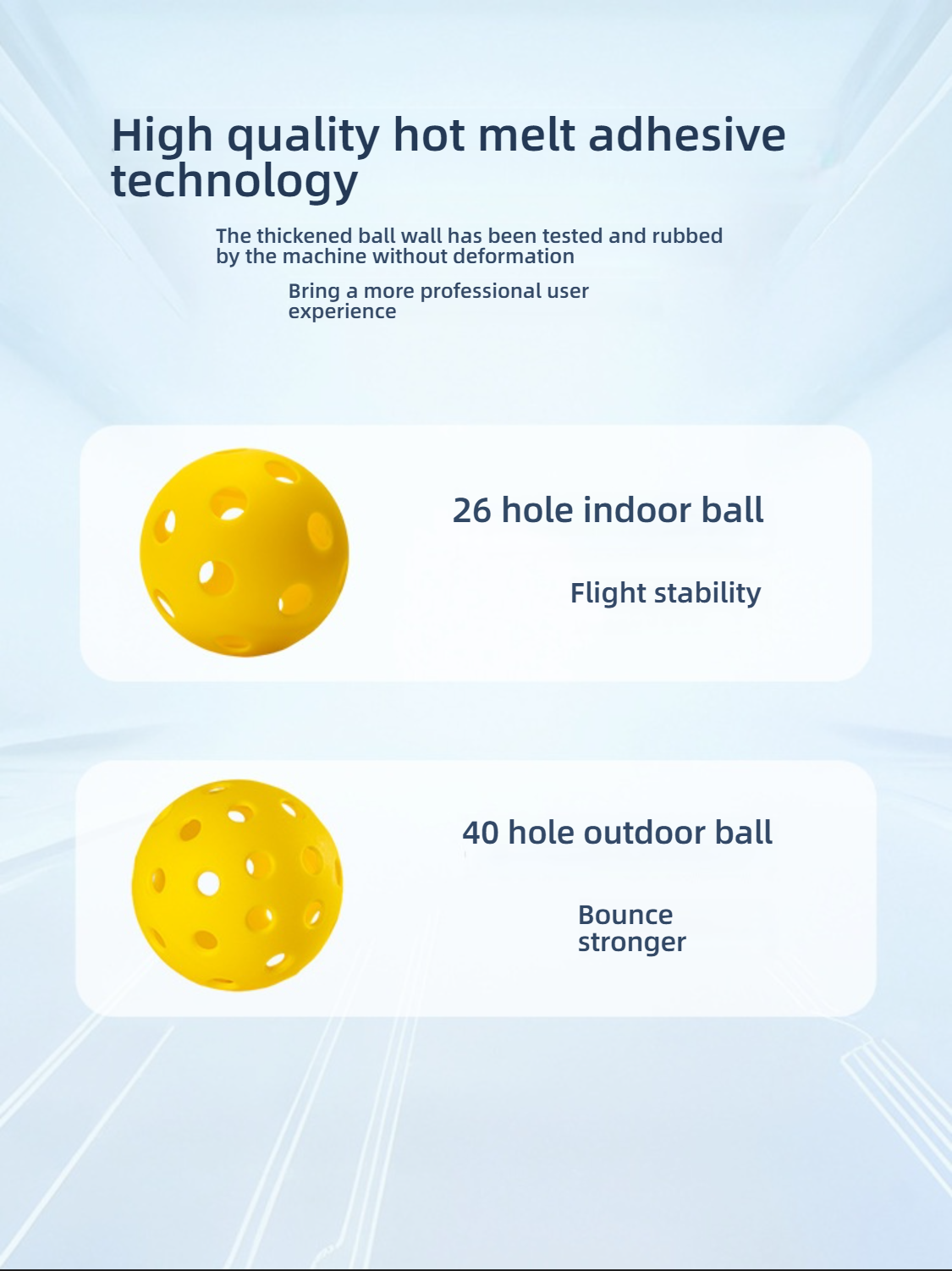 Comparison of 26-hole indoor ball (flight stability) and 40-hole outdoor ball (bounce stronger) using high quality hot melt adhesive technology.