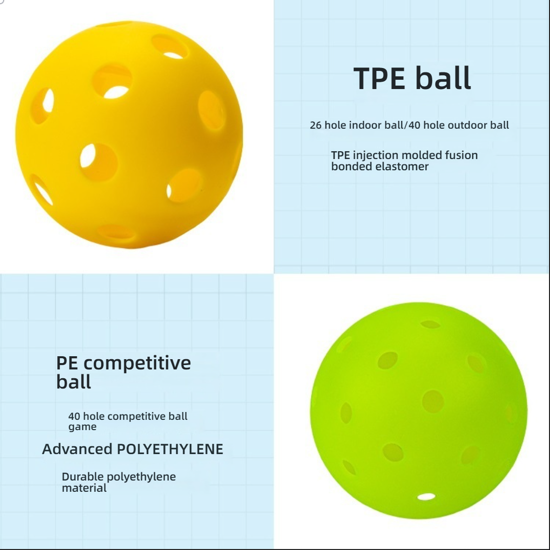 Graphic comparing TPE ball (26/40 hole) and PE competitive ball (40 hole). What material is best for pickleball paddles.