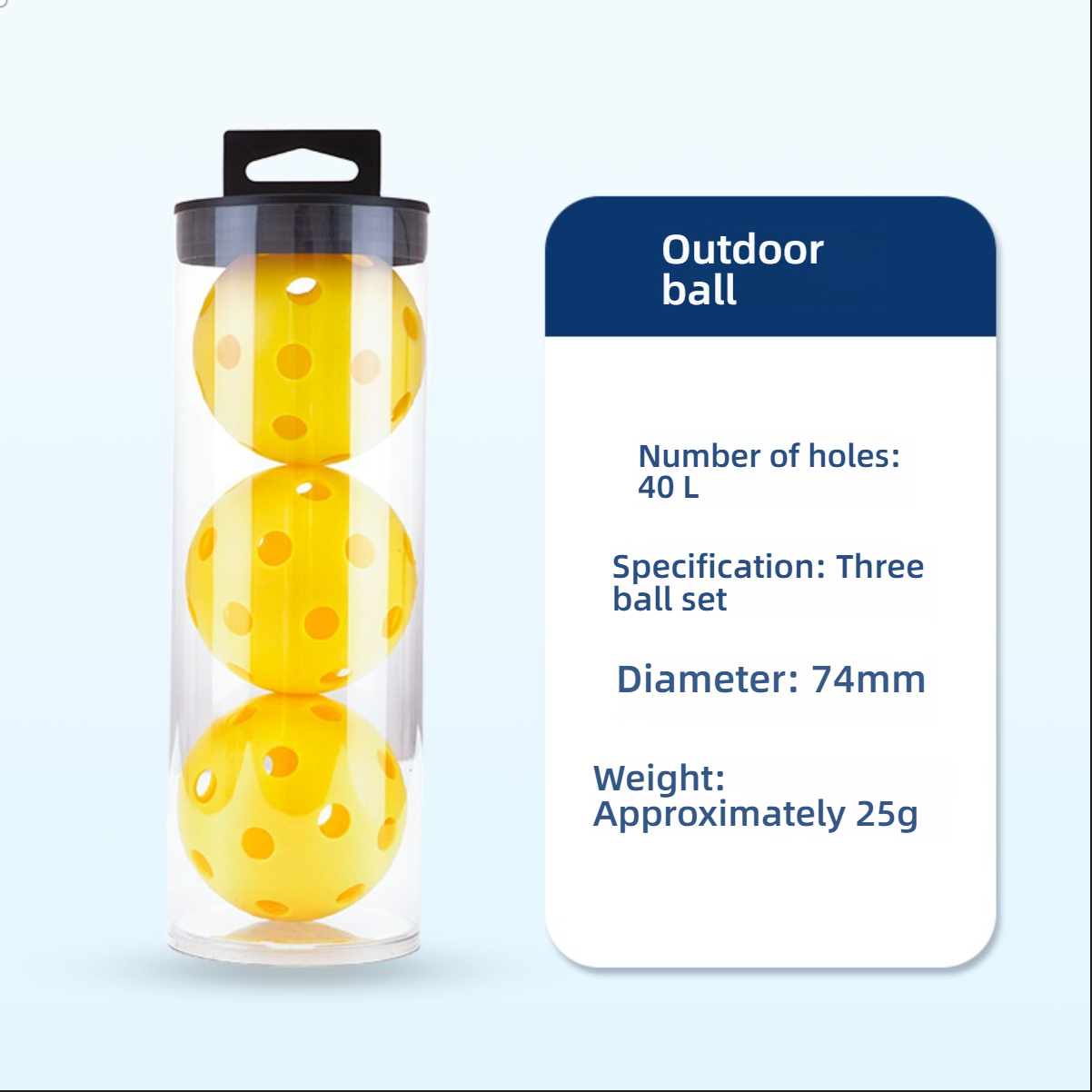 Specifications for the 40-hole outdoor pickleballs: 74mm diameter, 25g weight, 3-ball set. Essential for choosing the best pickleball paddle.