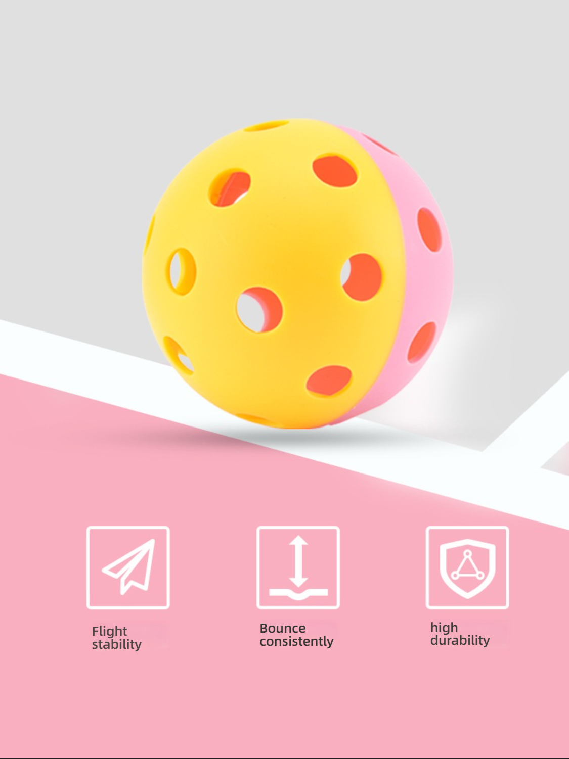 Graphic showing flight stability, consistent bounce, and high durability. Where to buy pickleball paddles and reliable balls.