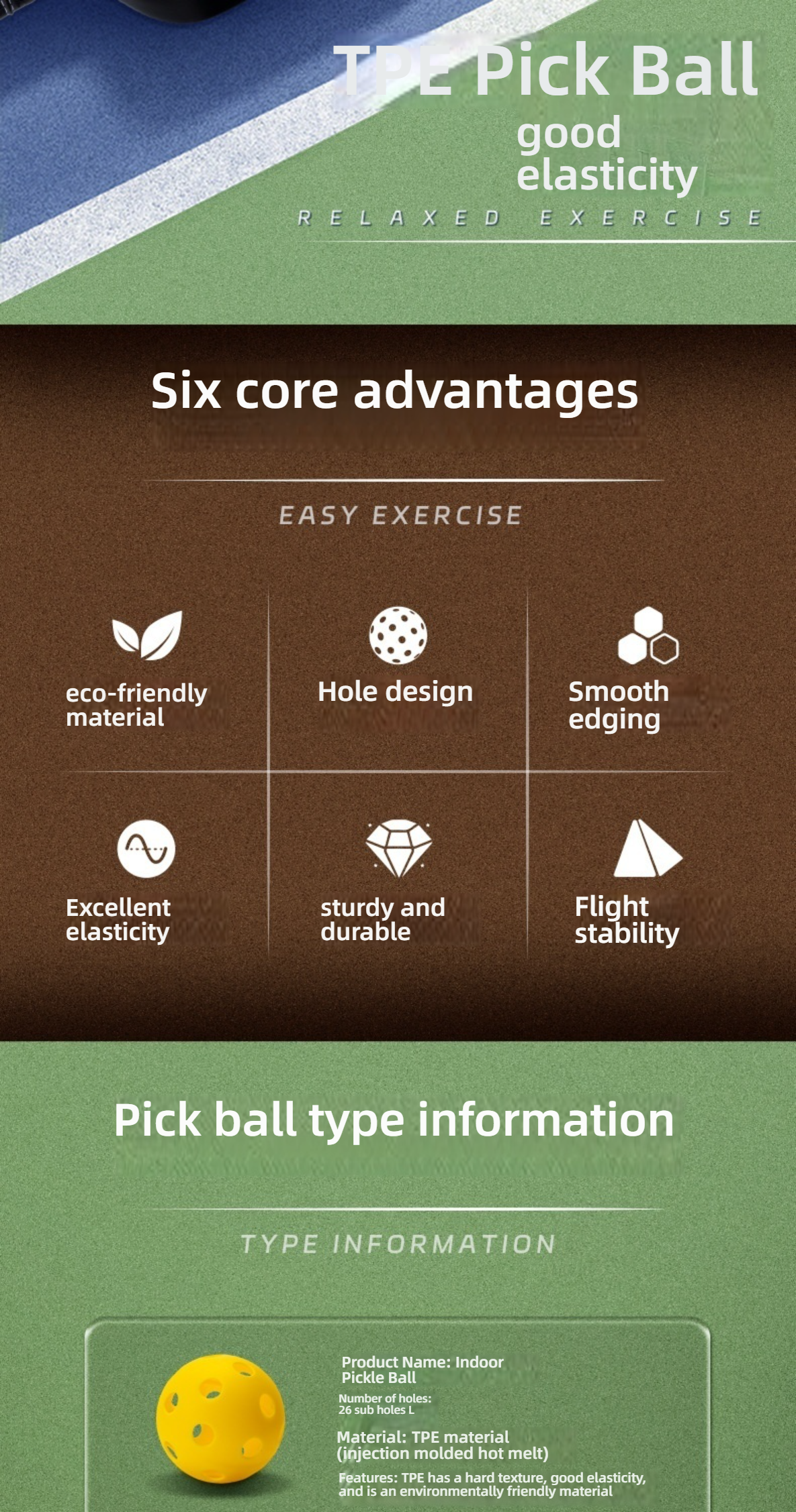 Six core advantages graphic: eco-friendly material, hole design, smooth edging, excellent elasticity, sturdy and durable, flight stability.