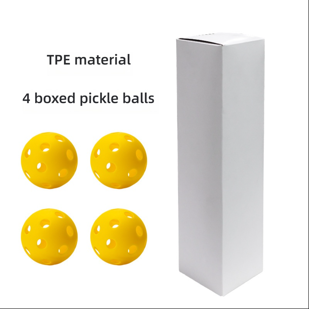 Detail shot of TPE material 4 boxed pickle balls next to a tall white box. What is the best paddle for pickleball.