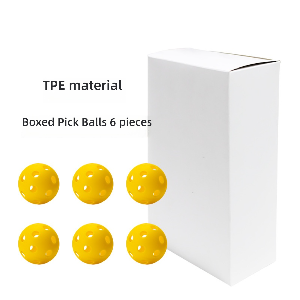 Detail shot of TPE material 6 boxed pickle balls next to a white box. Where to buy pickleball paddles.