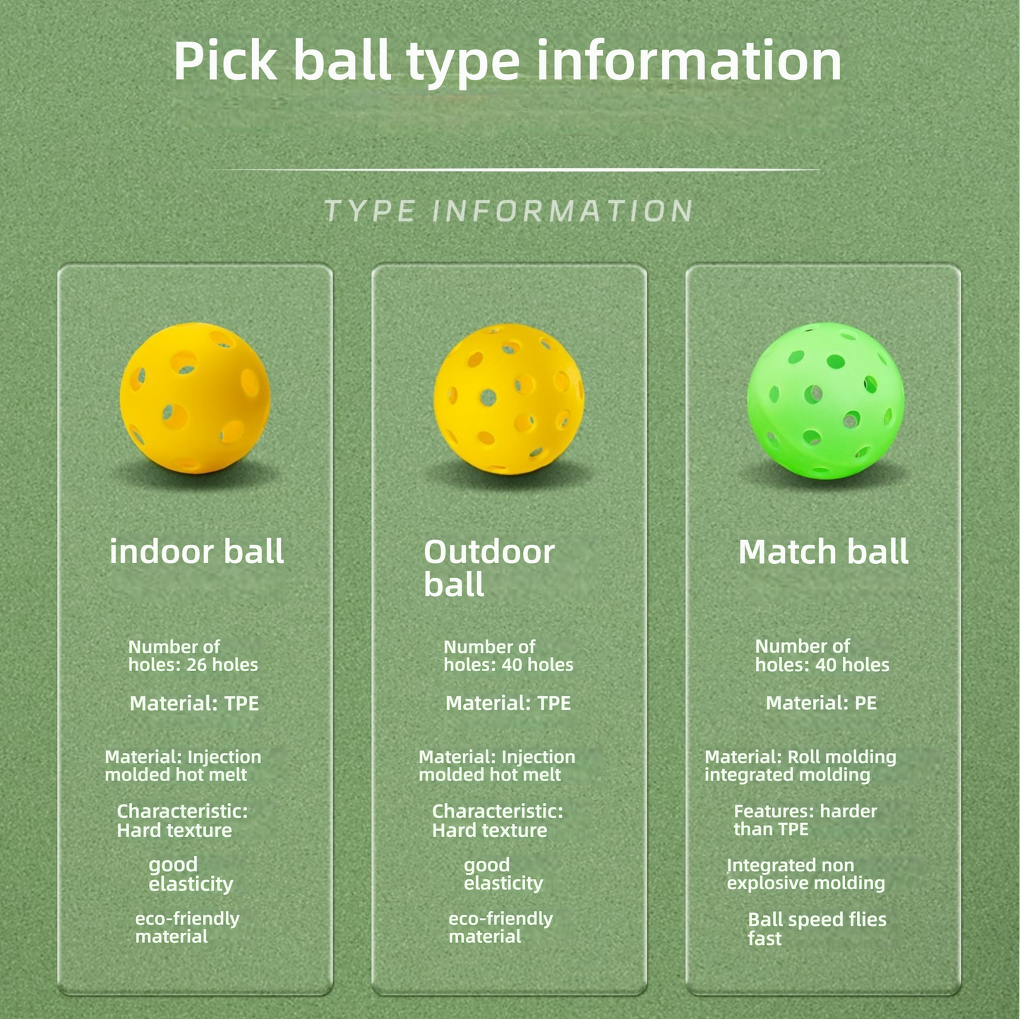 Type information chart comparing Indoor (26-hole, TPE), Outdoor (40-hole, TPE), and Match Ball (40-hole, PE).