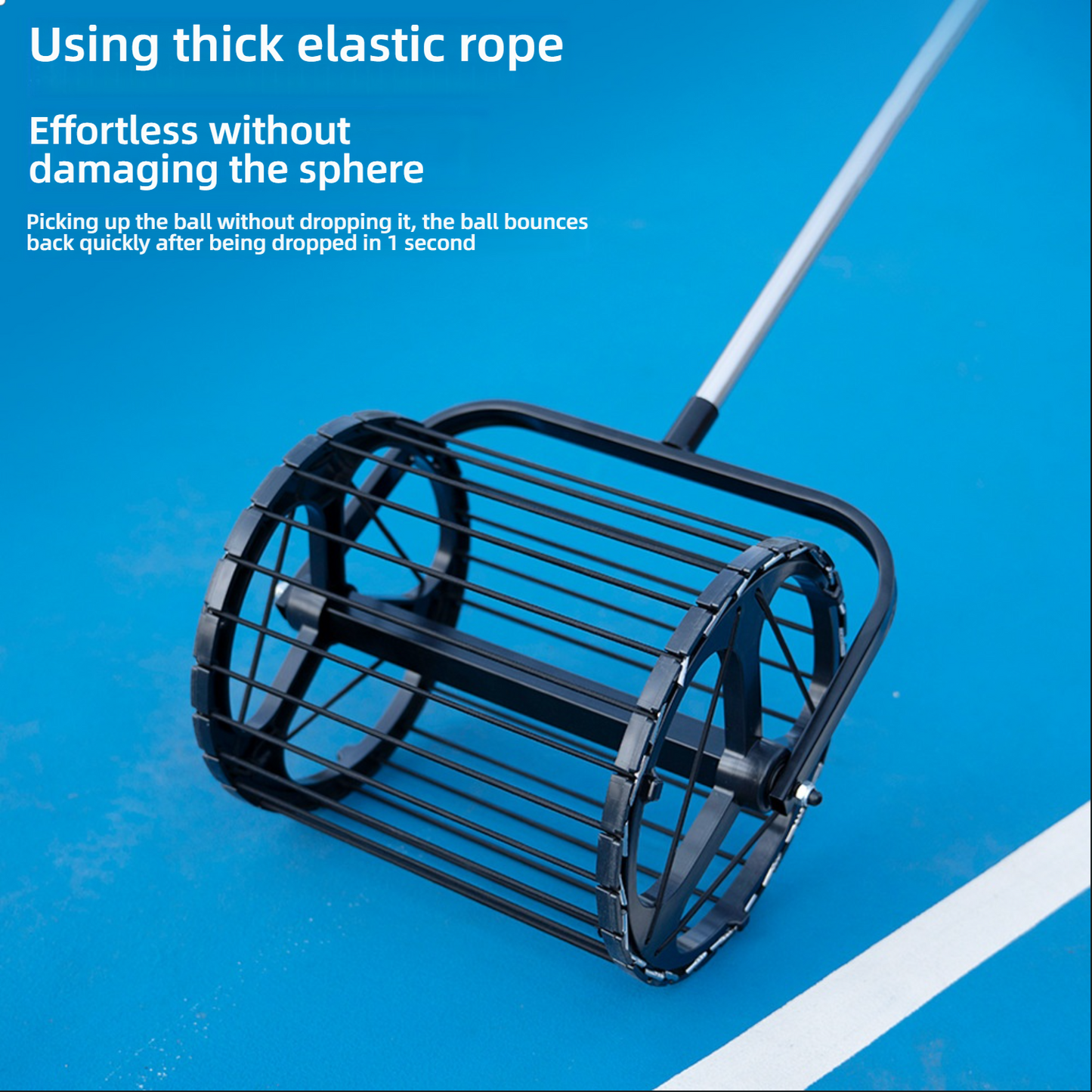 Close-up of the roller using thick elastic rope for effortless ball pickup. What makes a pickleball paddle good.