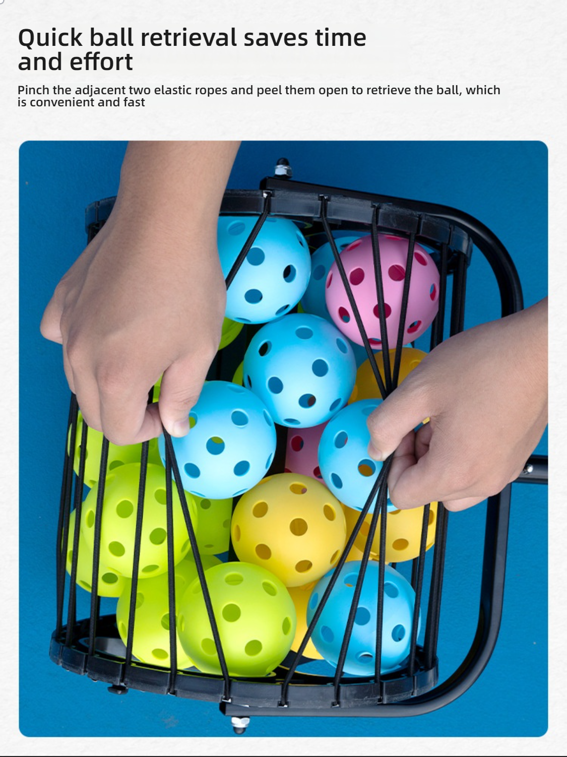Hands demonstrating quick ball retrieval by pinching the elastic ropes. Where can i buy pickleball paddles and court aids.