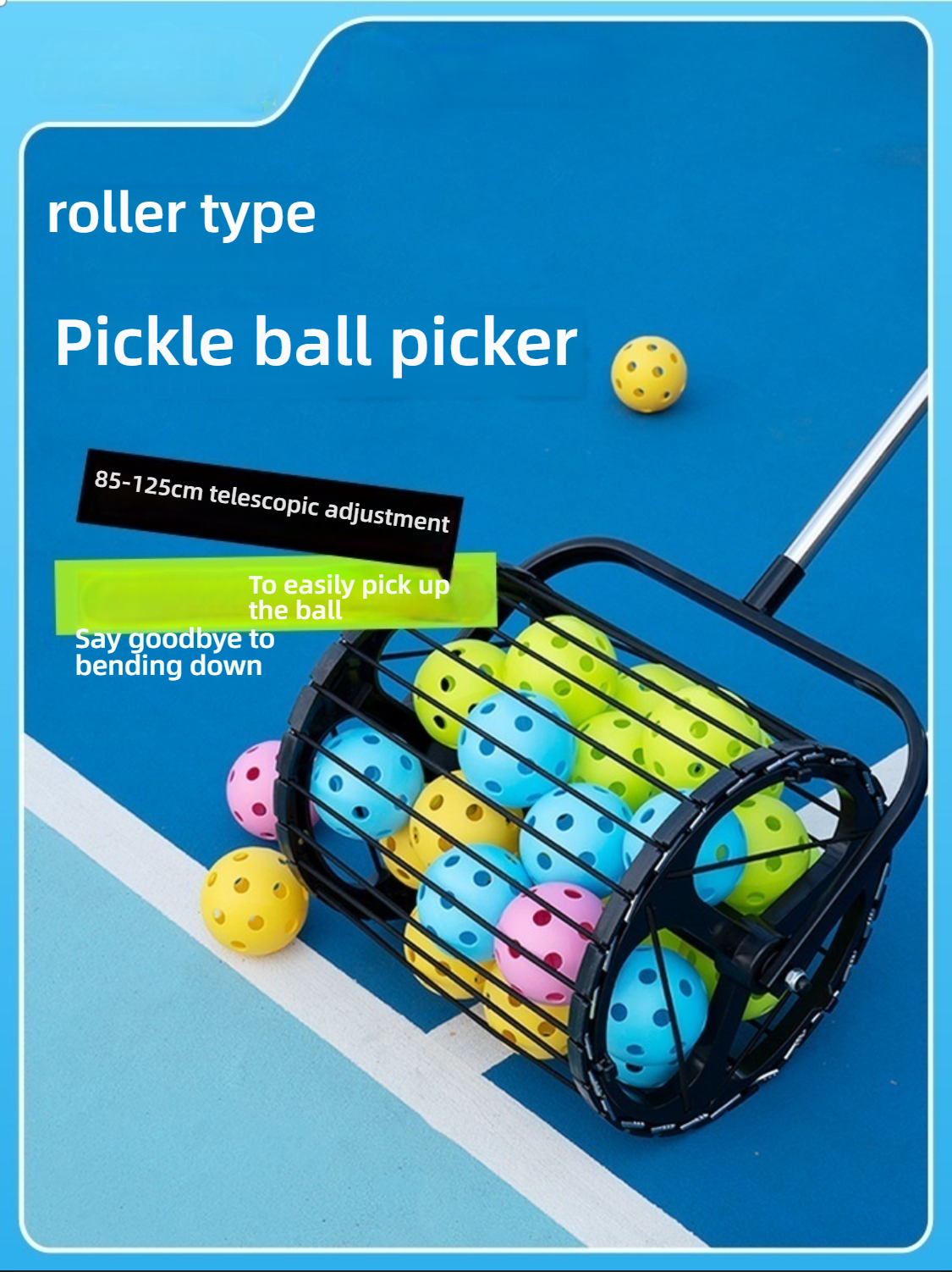Graphic highlighting 85-125cm telescopic adjustment to easily pick up the ball without bending down. How to hold a pickleball paddle.