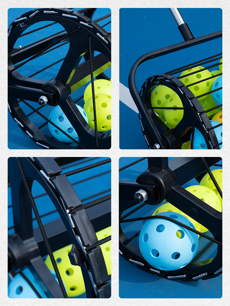 Close-up of the roller wheel mechanism picking up multi-colored pickleballs. Essential training aid for all pickleball paddles.