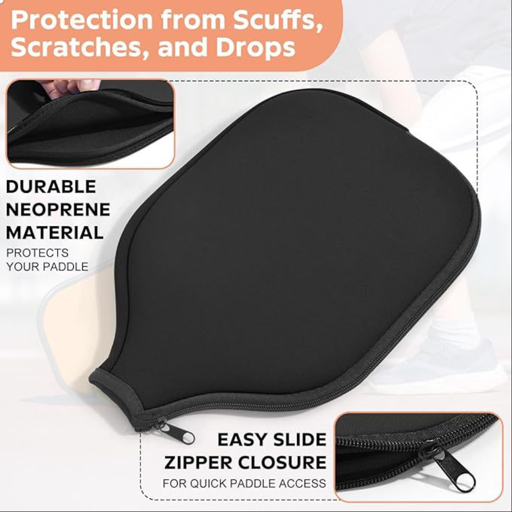 Promotional graphic highlighting durable neoprene material and easy slide zipper closure. Where to buy pickleball paddles and protective gear.