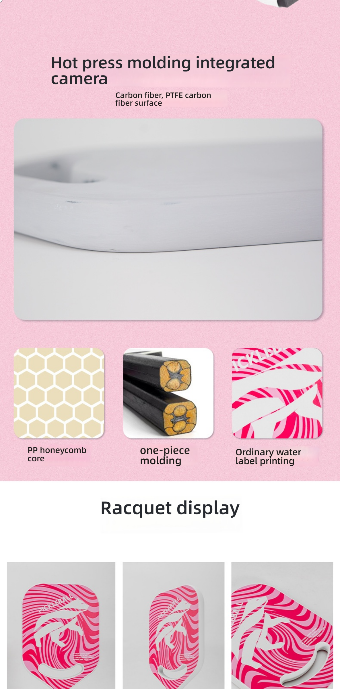 Macro view of PP honeycomb core and one-piece molding. For those learning how do i choose a pickleball paddle for beginners, durability is key. USP: PP honeycomb core, water label printing.