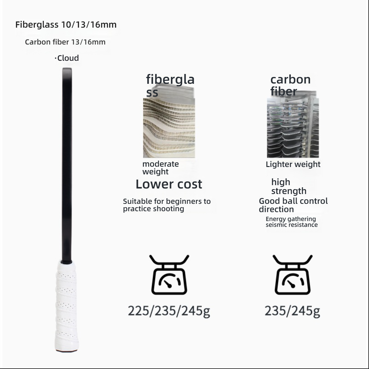 Comparison chart between fiberglass and carbon fiber. If you're asking what material is best for pickleball paddles, this guide helps you decide which pickleball paddle to buy based on weight (225-245g).